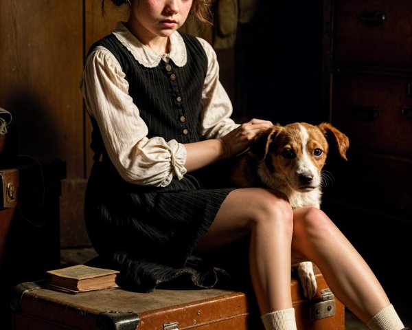Young girl on vintage suitcase with small dog