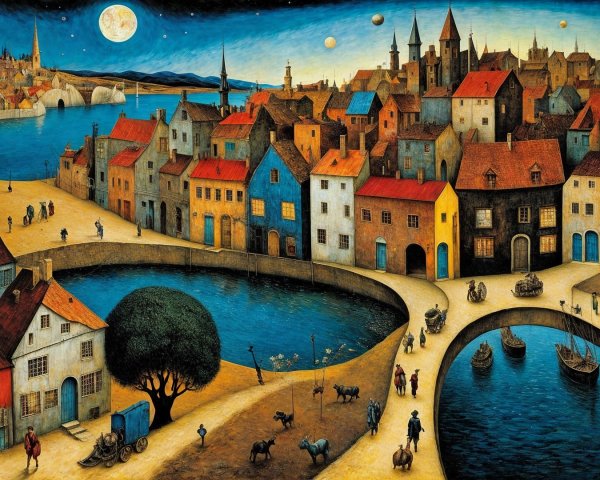 Vibrant Landscape of a Charming Town at Dusk