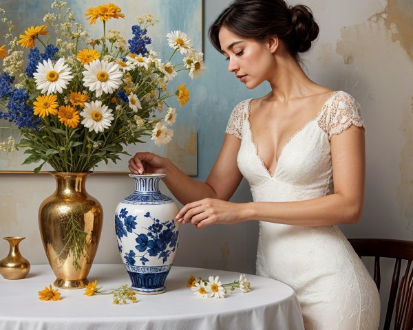 Elegant Woman with Flowers and Porcelain Vase