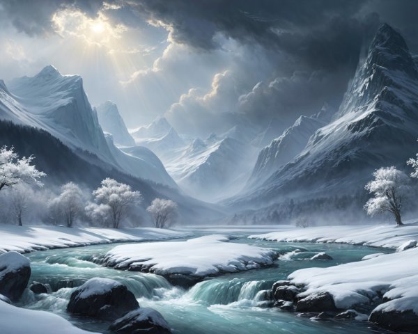 Winter Landscape with Snowy Mountains and River