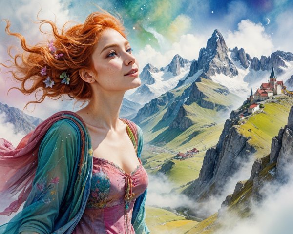 Young woman with red hair in a scenic landscape