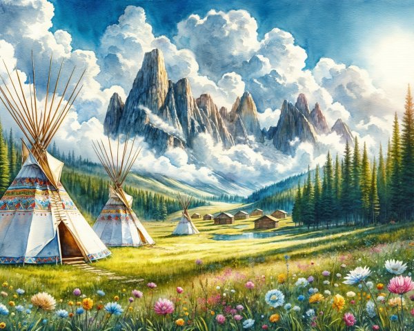 Serene landscape with tipis in a vibrant meadow
