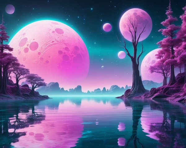 Surreal Landscape with Vibrant Moons and Tranquil Lake