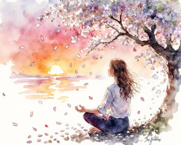 Woman Meditating Under a Blooming Tree at Sunset