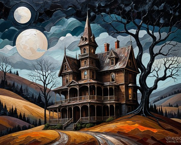 Gothic Mansion Under Luminous Moons with Dark Trees
