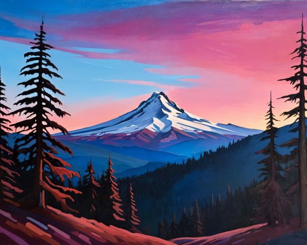 Vibrant Landscape Painting of Majestic Mountain Scene