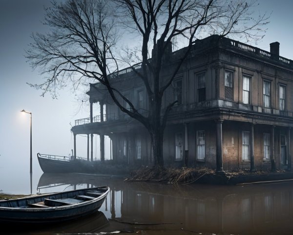 Dilapidated mansion in fog with eerie surroundings