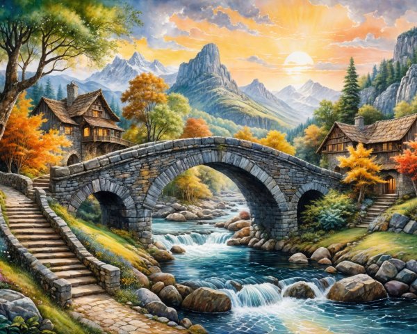 Scenic Autumn Landscape with Stone Bridge and Mountains