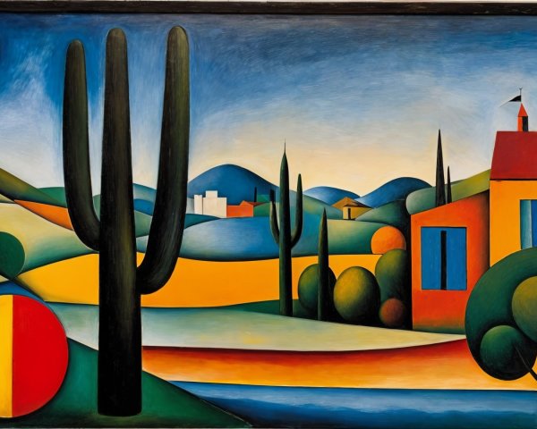 Vibrant Landscape with Cacti and Abstract Elements