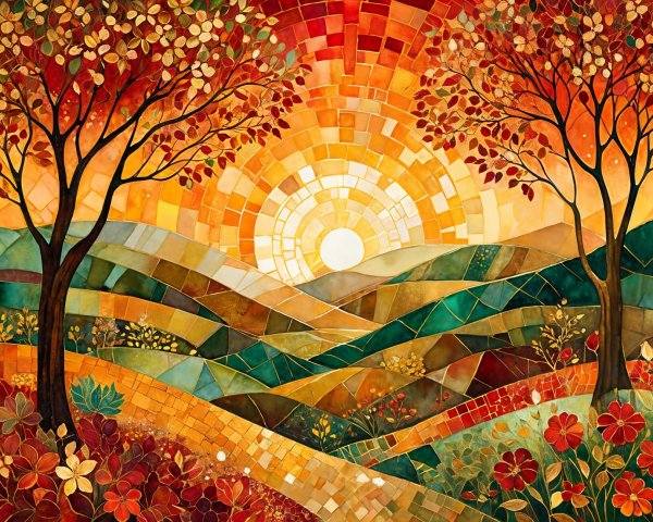 Vibrant Mosaic Landscape of Sunset and Nature Elements