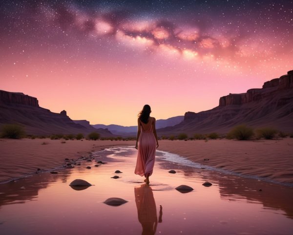 Lone Figure in Dress by Serene Desert Riverbed