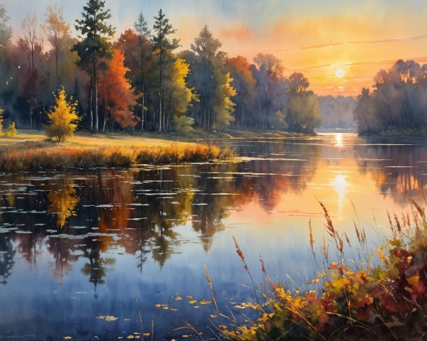 Serene Autumn Landscape at Sunset by Tranquil River