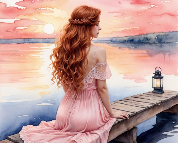 Woman with red hair on dock at sunset by water