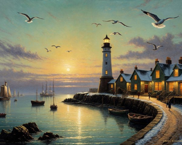 Coastal Sunset Scene with Lighthouse and Cottages