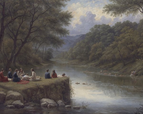 Serene Riverside Scene with Period-Clothed Individuals