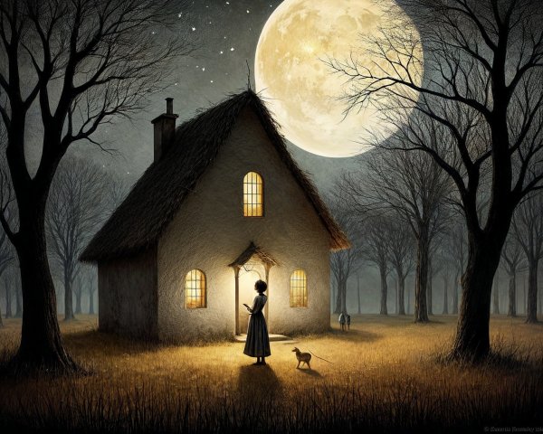 Thatched-Roof Cottage Under Full Moon and Starry Sky