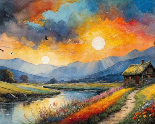 Picturesque Landscape with Cottage and River Scene