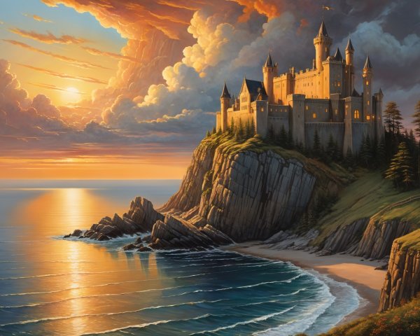 Castle on Cliff Overlooking Serene Coastline at Sunset