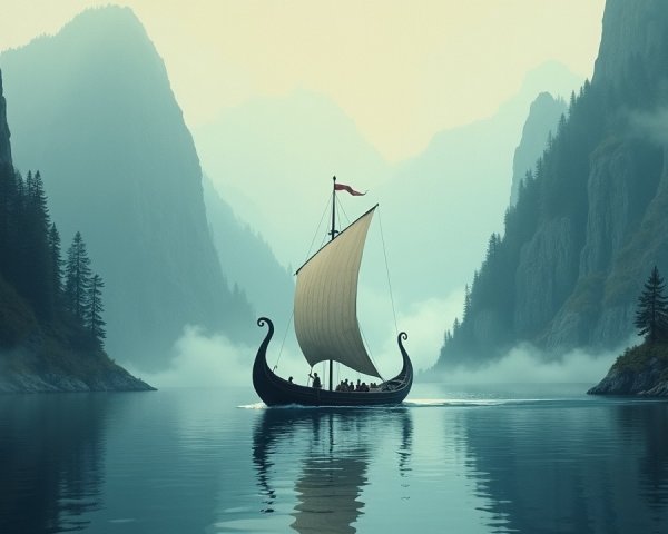 Misty Fjord with Viking Ship and Towering Cliffs