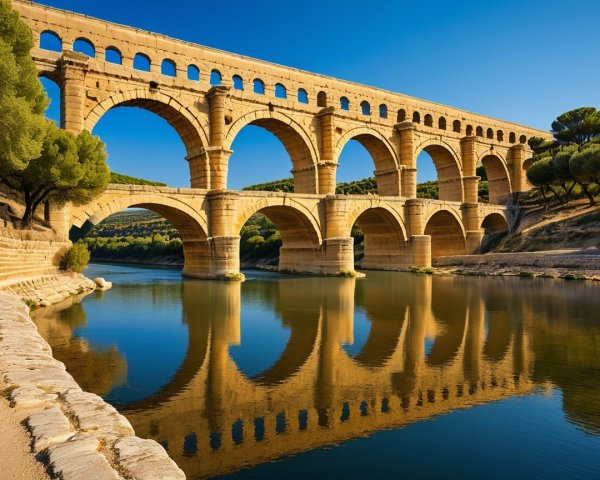 Ancient Aqueduct Surrounded by Lush Greenery and Water
