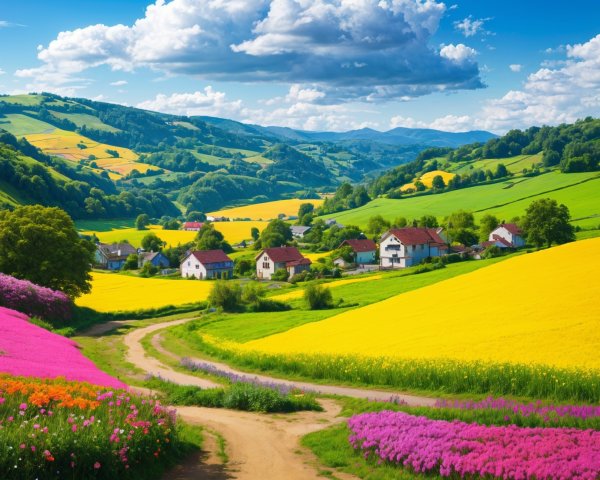 Vibrant Countryside Landscape with Blooming Flowers