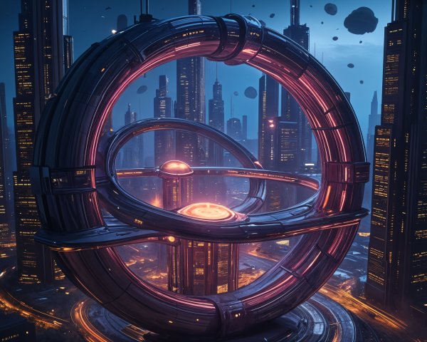 Futuristic cityscape with glowing metallic structures