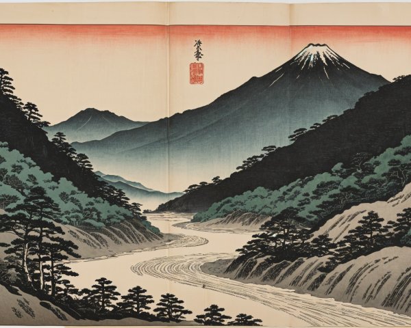 Traditional Woodblock Print of Serene Landscape