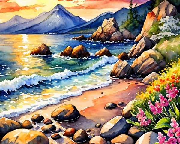 Vibrant Watercolor Coastal Landscape at Sunset
