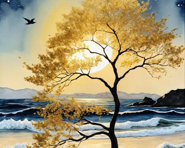 Majestic golden tree under a starry night sky