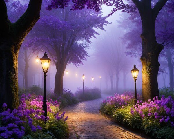 Cobblestone Path in a Mystical Purple Forest