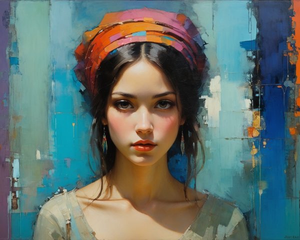 Young Woman with Intense Gaze and Colorful Headscarf