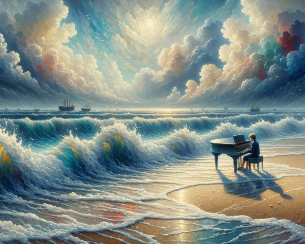 Beach Scene with Boy at Piano and Vibrant Sky