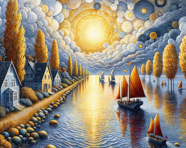 Serene Riverside Scene with Sunset and Sailboats