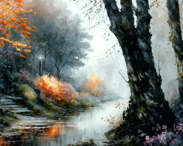 Tranquil Autumn Landscape with River and Misty Trees