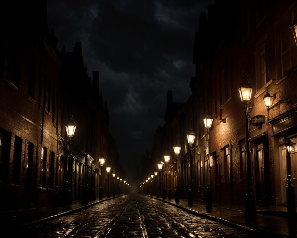 Narrow Dimly Lit Street with Charming Brick Buildings