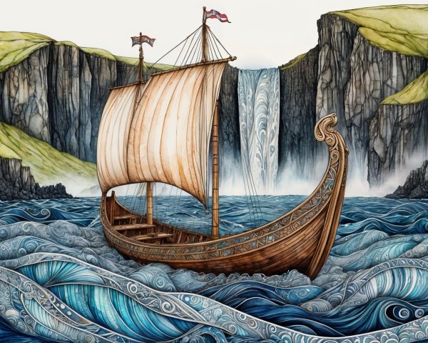 Illustration of a Sailing Ship by a Waterfall and Waves