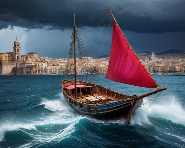 Wooden sailboat with pink sail in stormy waters