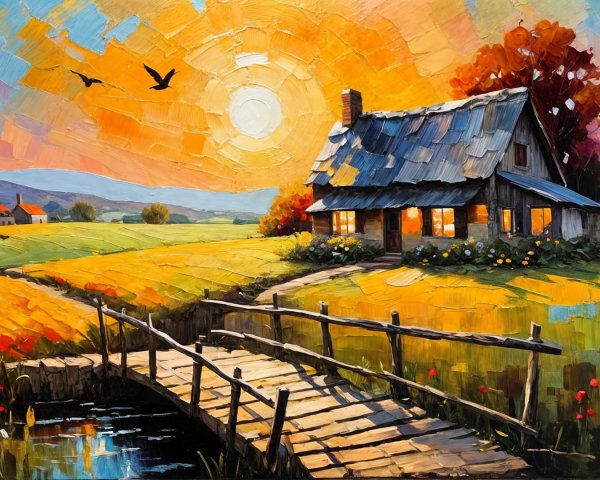 Serene Sunset Landscape with Cottage and Bridge