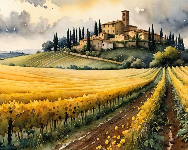 Vibrant Vineyard Landscape with Hillside Village