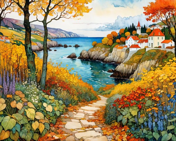 Autumn Landscape with Coastal Village and Pathway