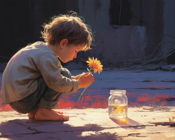 Child with Flower on Concrete in Sunlit Setting