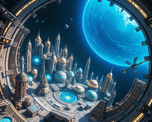 Futuristic Cityscape with Celestial Background