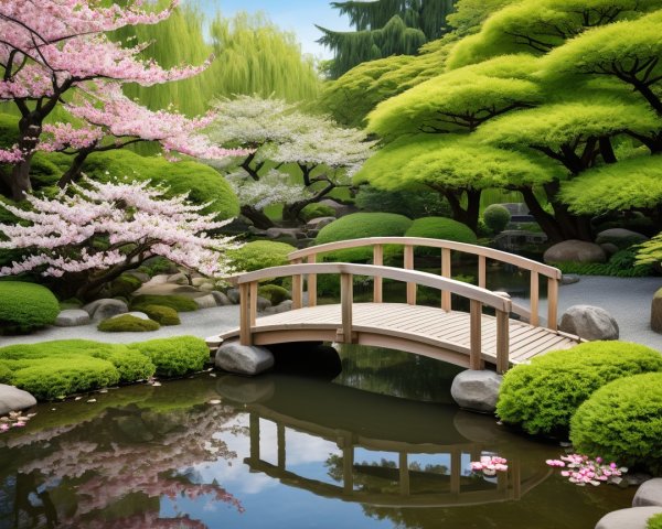 Serene Japanese Garden with Cherry Blossoms and Pond