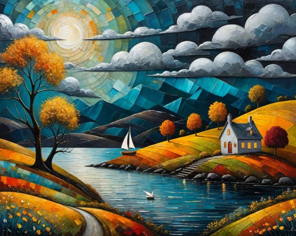 Vibrant Landscape with Lake, Hills, and Autumn Trees