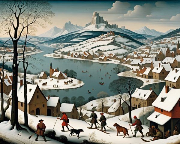 Serene Winter Landscape of Village and Mountains