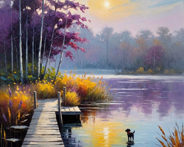 Tranquil Lakeside Scene at Sunrise with Vibrant Trees