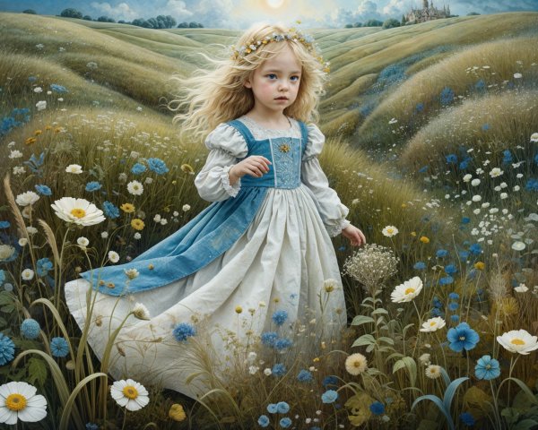 Young girl in blue dress walking in a flower meadow