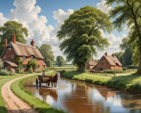 Countryside Scene with River and Thatched Cottages