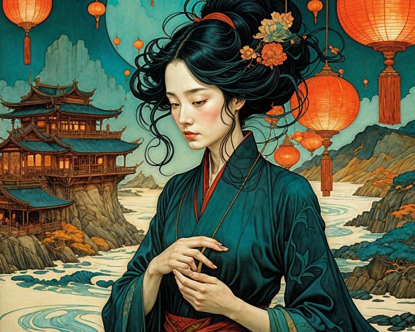 Serene Woman in Traditional Attire by Scenic Landscape