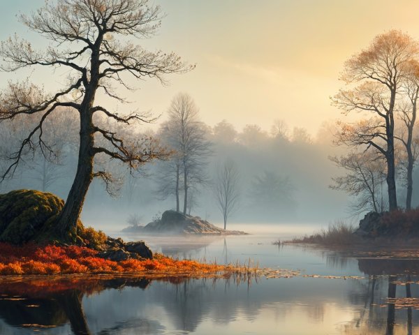 Tranquil Dawn Lakeside Scene with Twisted Tree